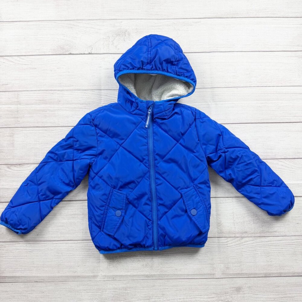 Cat & Jack Kids Hooded Puffer Jacket Blue Sherpa Lined Coat XS 4-5